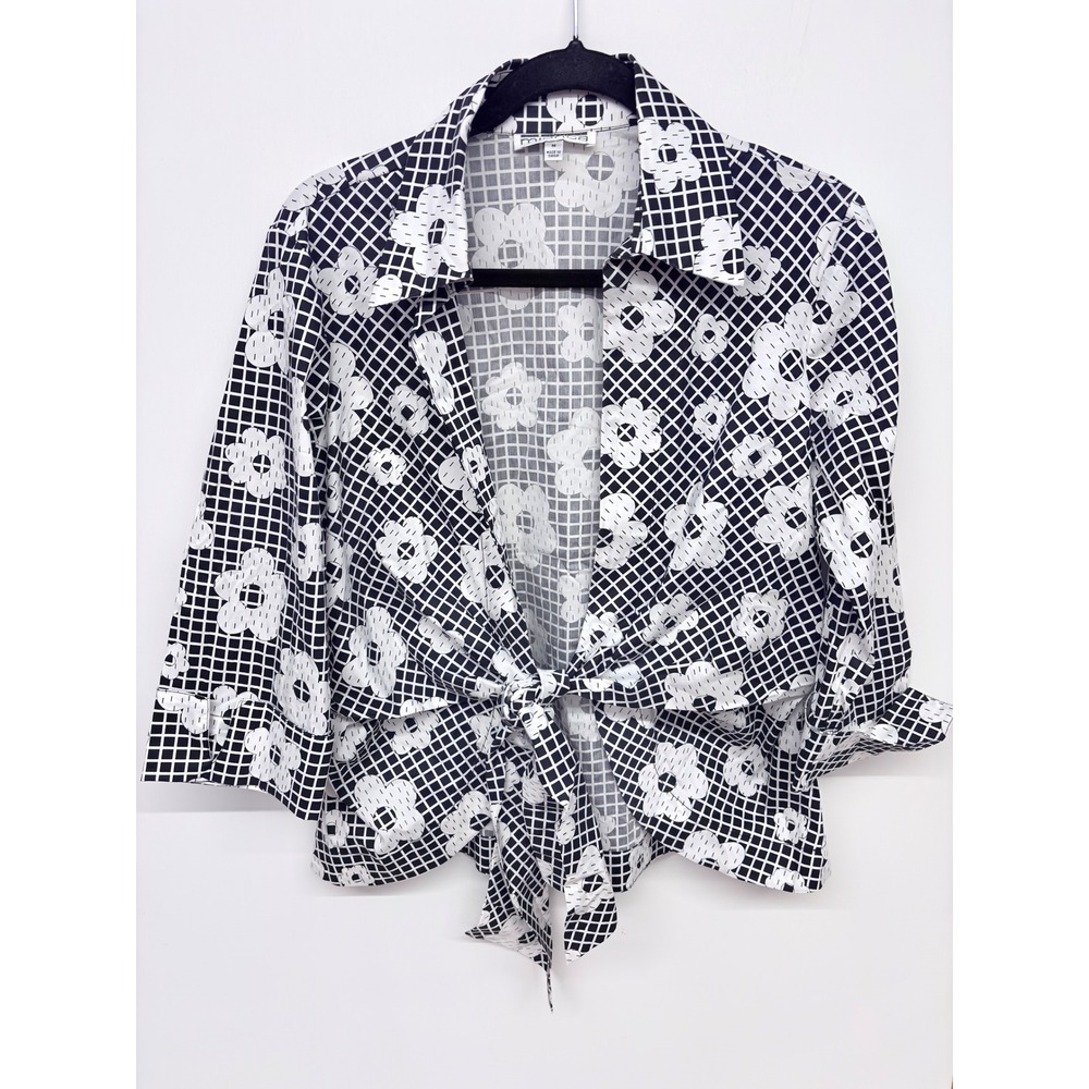 Mishca Retro Mod Tie Front Blouse Women Medium Black White Floral Grid Pop Art